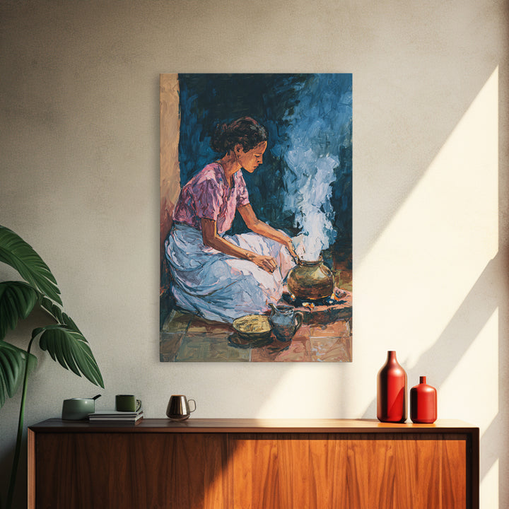 African Woman Cooking Steam Wall Art, Afrocentric Kitchen Portrait Canvas Print, Cultural Home Decor, Gift For Her, Blue Orange Painting