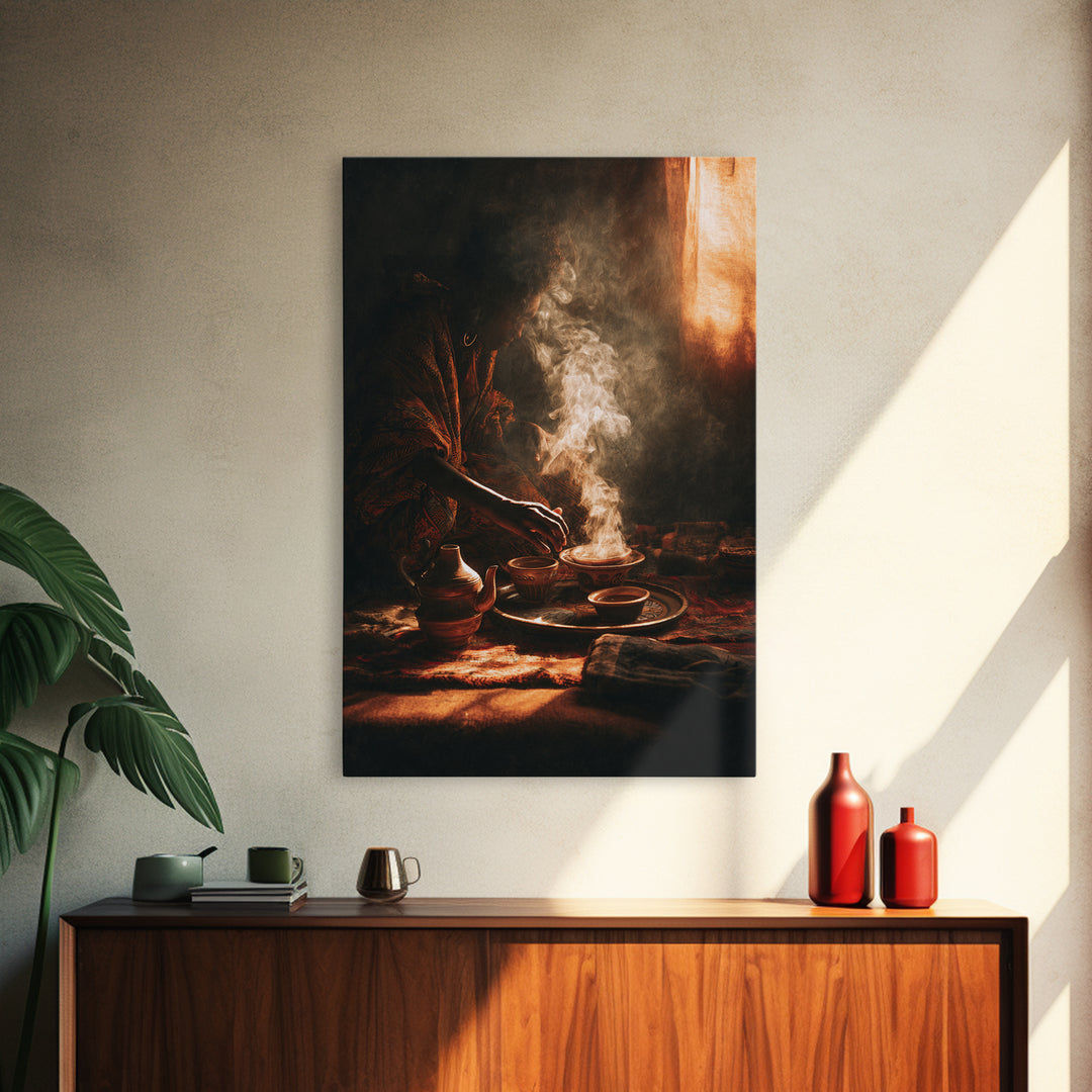 Moody African Woman Tea Ritual Wall Art, Incense Smoke Canvas Print, Afrocentric Decor, Black Culture Art, Gift For Her, Home Decor