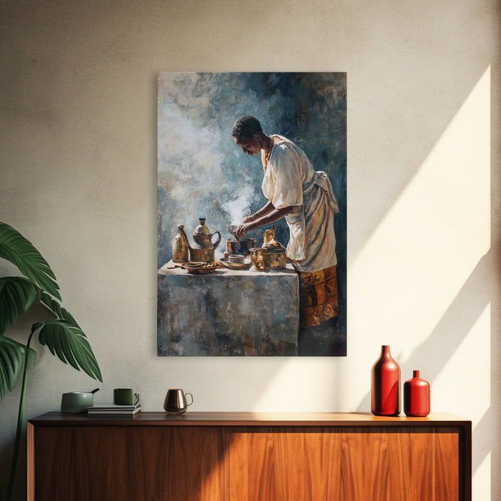 African Man Coffee Ceremony Wall Art, Ethiopian Tea Service Canvas Print, Cultural Portrait, Afrocentric Home Decor, Gift