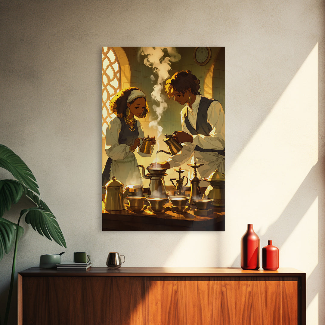 African Couple Tea Ceremony Wall Art, Golden Kitchen Canvas Print, Afrocentric Romance Decor, Black Love Art, Wedding Gift