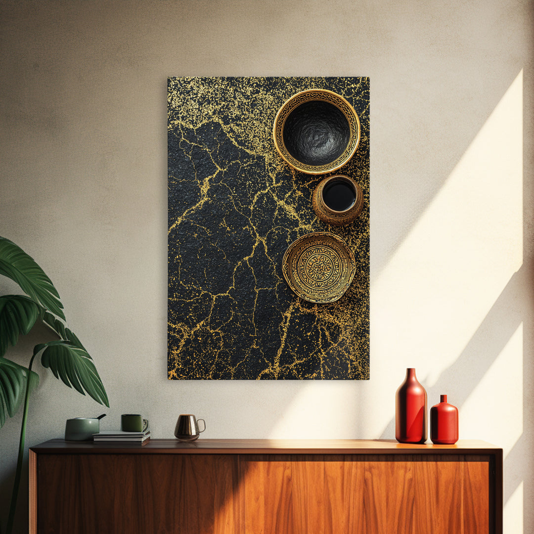 Black Gold Vessels Texture Wall Art, African Inspired Canvas Print, Abstract Ethnic Art, Luxury Kitchen Decor, Home Decor Gift