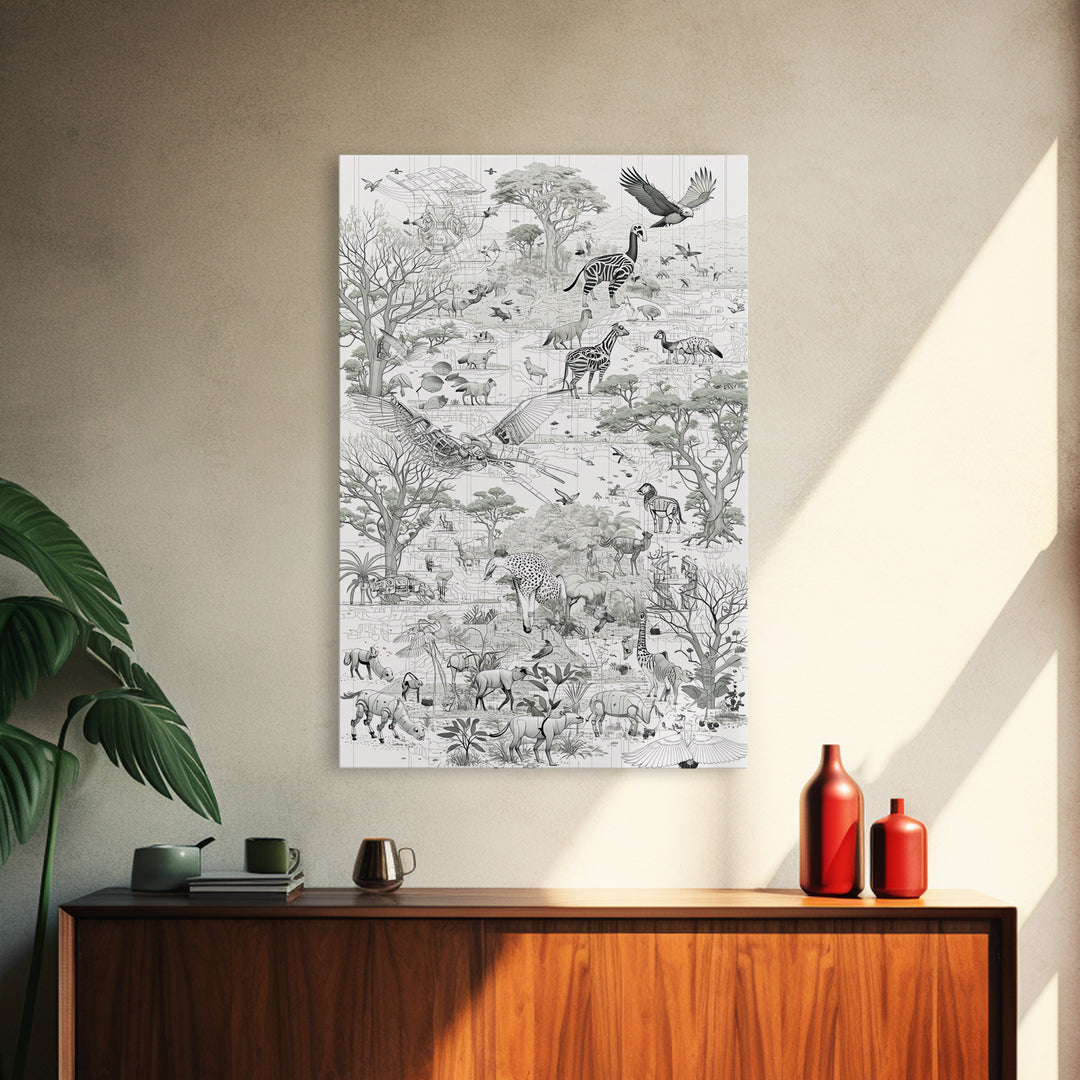 Intricate Monochrome African Safari Map Wall Art, Serengeti Animals, Elephant, Zebra, Giraffe, Travel Inspired Home Decor