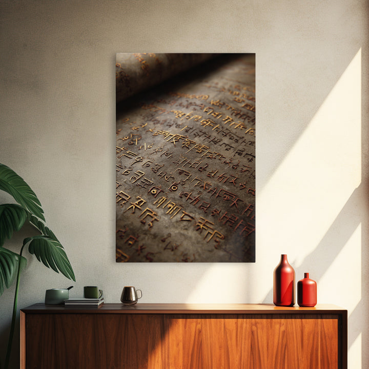 Aged Bronze Ancient Script Framed Canvas Print, Close Up Manuscript, Cultural Wall Art, Earth Tone Office Decor Gift For Study