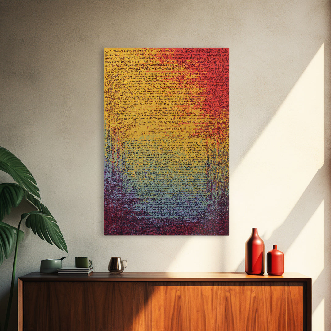Colorful Gradient Ancient Manuscript Wall Art, Red Yellow Blue Abstract Script, Modern Canvas Print, Vibrant Home Decor Gift
