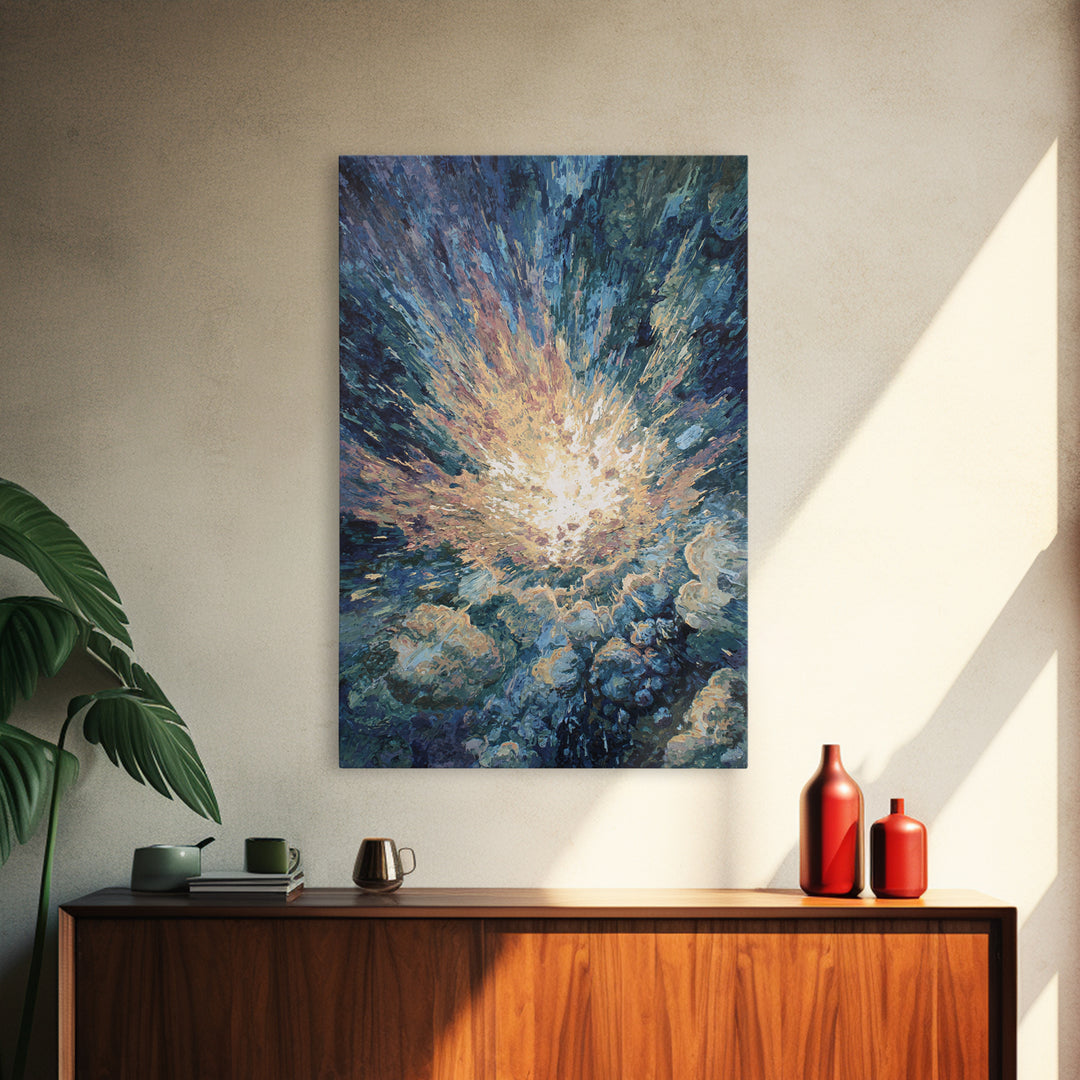 Radiant Ocean Light Burst In Blue Clouds Canvas Print, Abstract Painting, Dreamy Wall Art, Nature Scene Art, Home Decor Gift