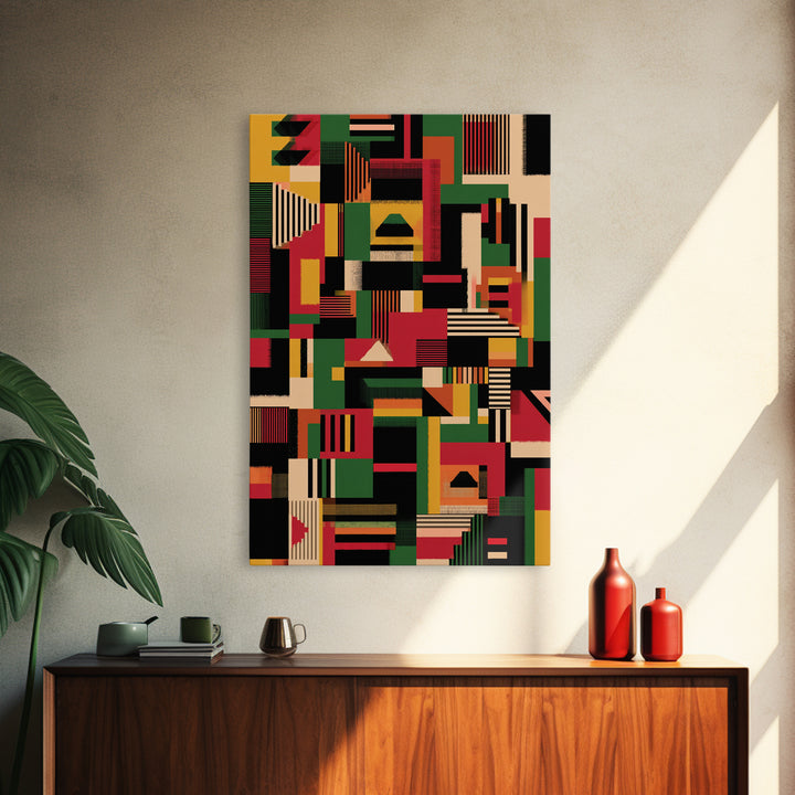 Kente Inspired Blocks In Green Red Gold Wall Art, African Abstract, Ankara Decor, Tribal Art Print, Bold Home Decor, Statement Piece