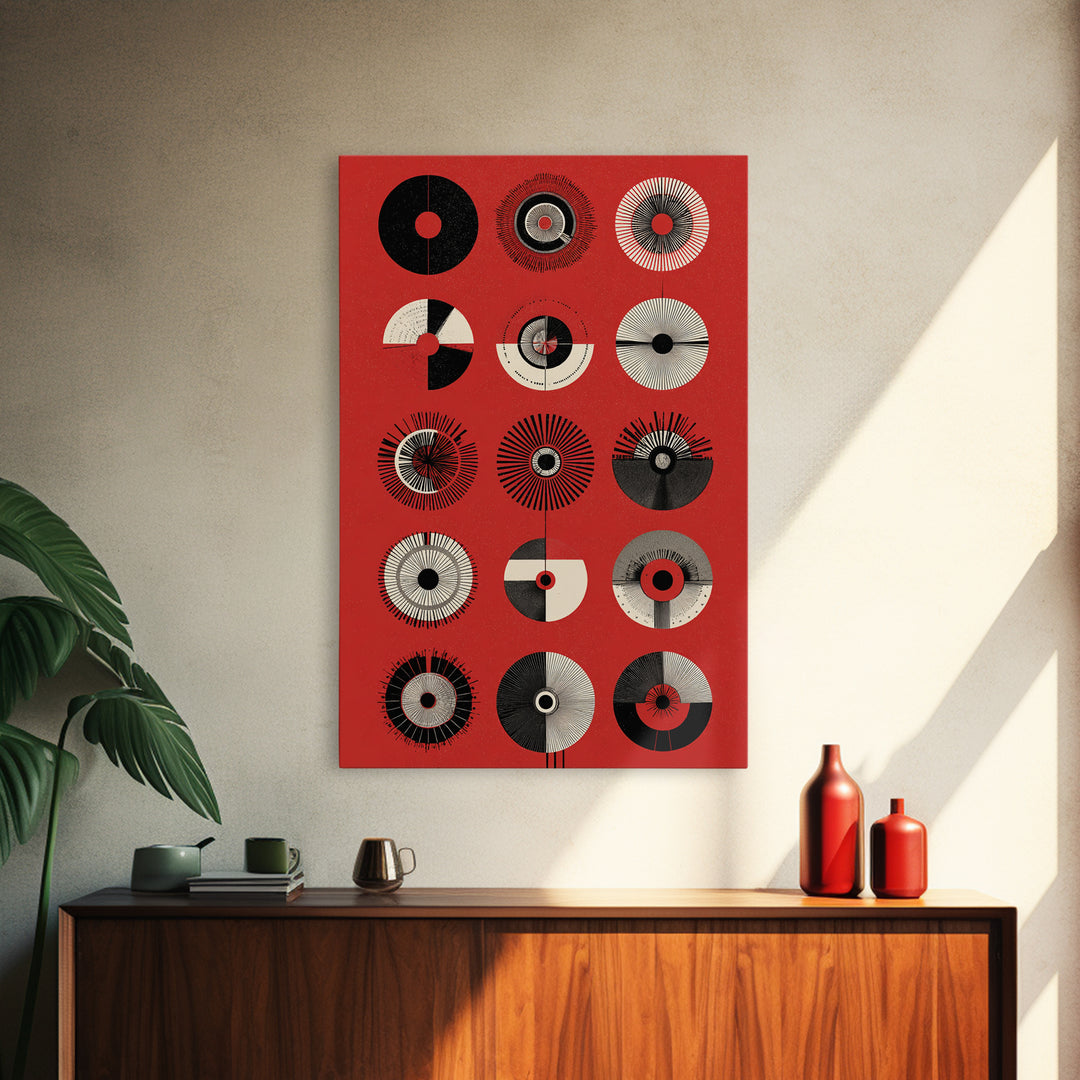 Red Tribal Sun Discs With Black Cream Circles Canvas Print, African Mask Art, Abstract Wall Art, Cultural Art Print, Bold Home Decor