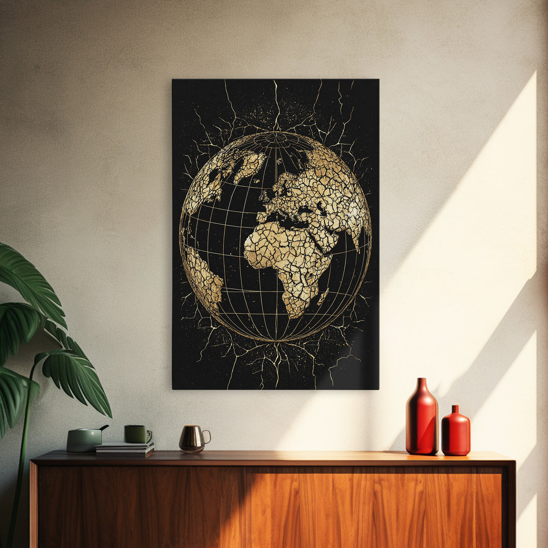 Cracked Gold Africa Globe On Black Canvas Print, African Wall Art, Motherland Map Decor, Afrocentric Cultural Gift For Living Room