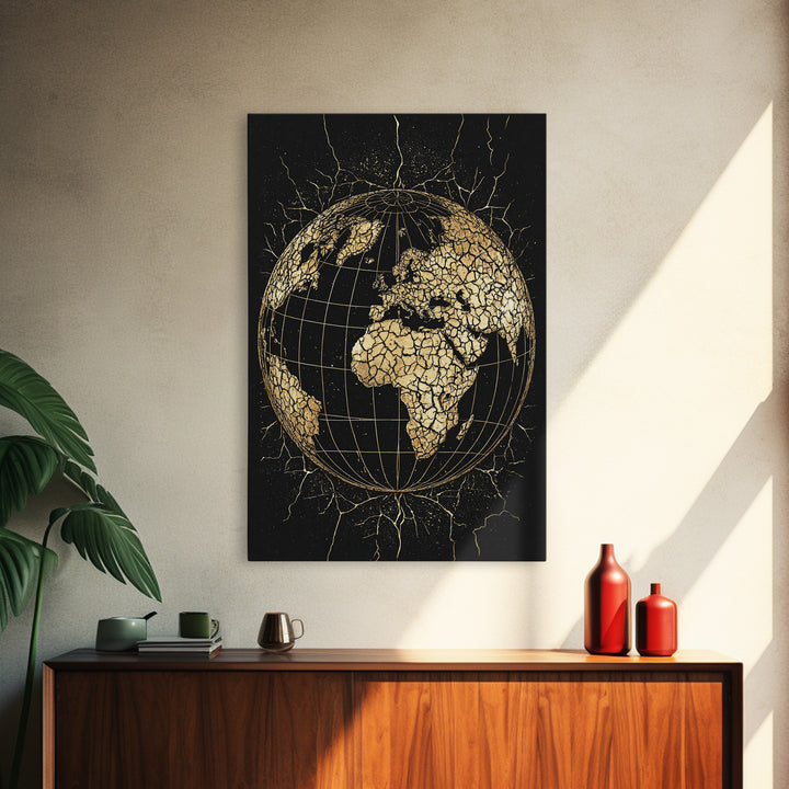 Cracked Gold Africa Globe On Black Canvas Print, African Wall Art, Motherland Map Decor, Afrocentric Cultural Gift For Living Room