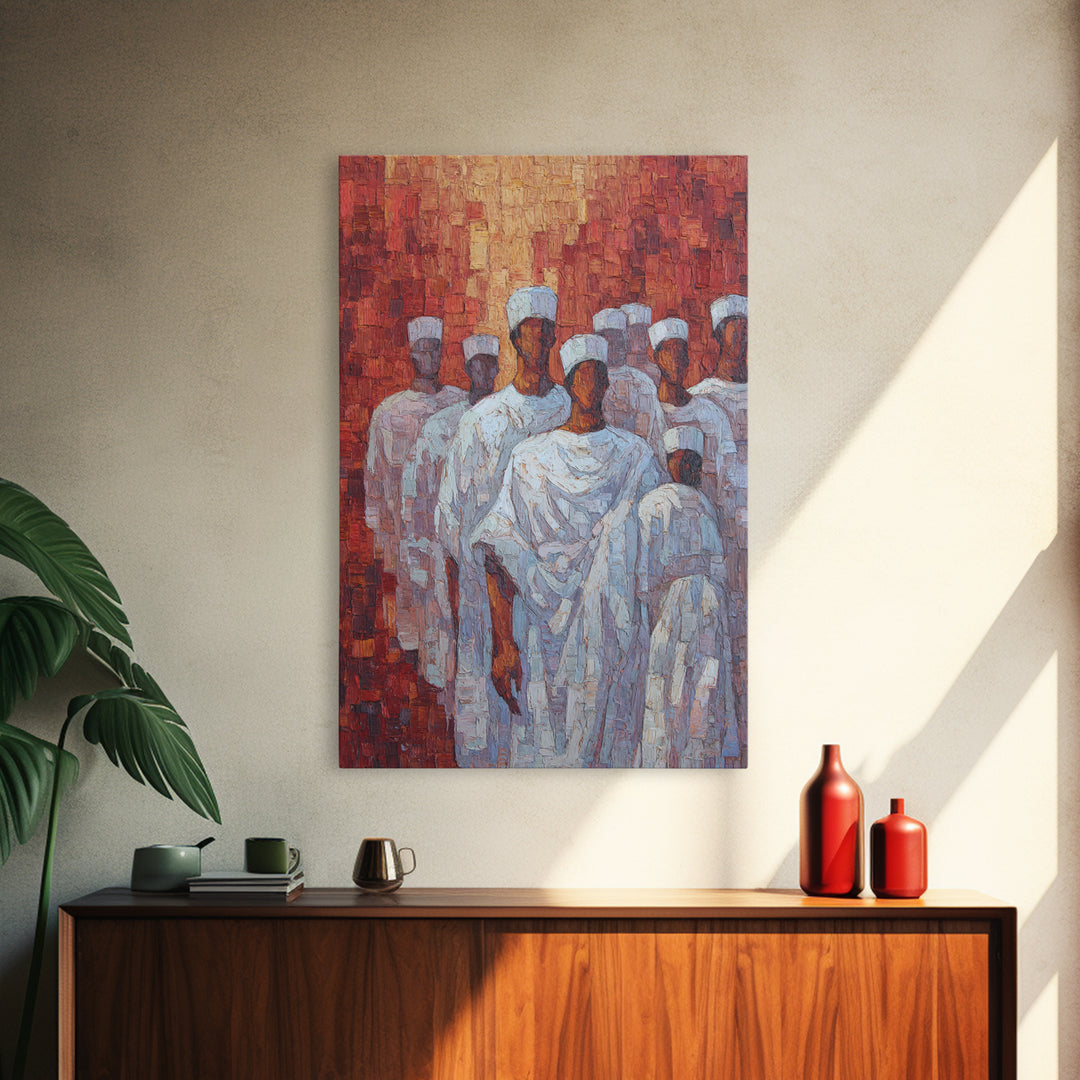 White Robed Figures In Red Impasto Framed Canvas Print, African Wall Art, Cultural Decor, Modern African Painting Gift For Home Decor