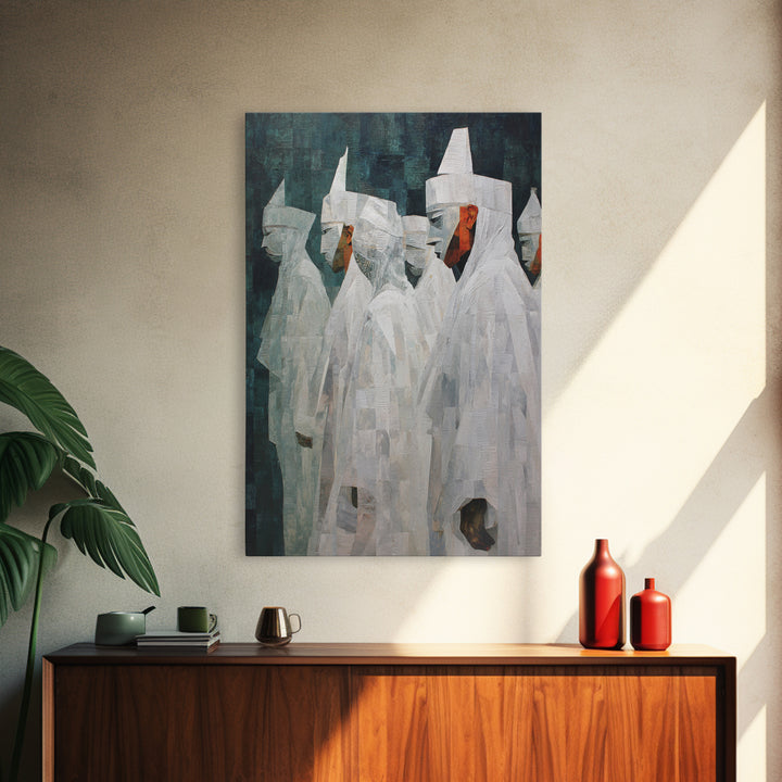 Abstract White Robed Figures On Teal Framed Canvas Print, African Wall Art, Modern Cultural Decor, Unique Home Gift For Living Room