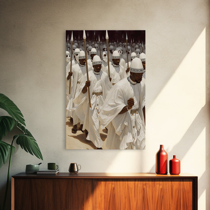 White Spear Bearer Procession In Sunlight Canvas Print, African Warrior Art, Cultural Wall Decor, Statement Gift For Him
