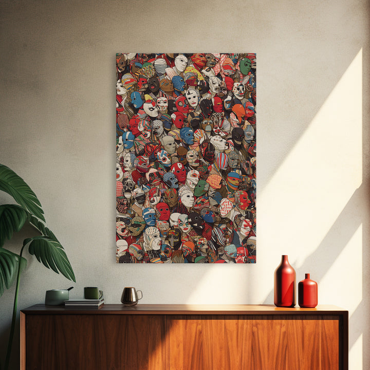 Illustrated African Mask Collage Wall Art, Colorful Tribal Pattern, Afrocentric Decor, Cultural Gallery Canvas Print Gift