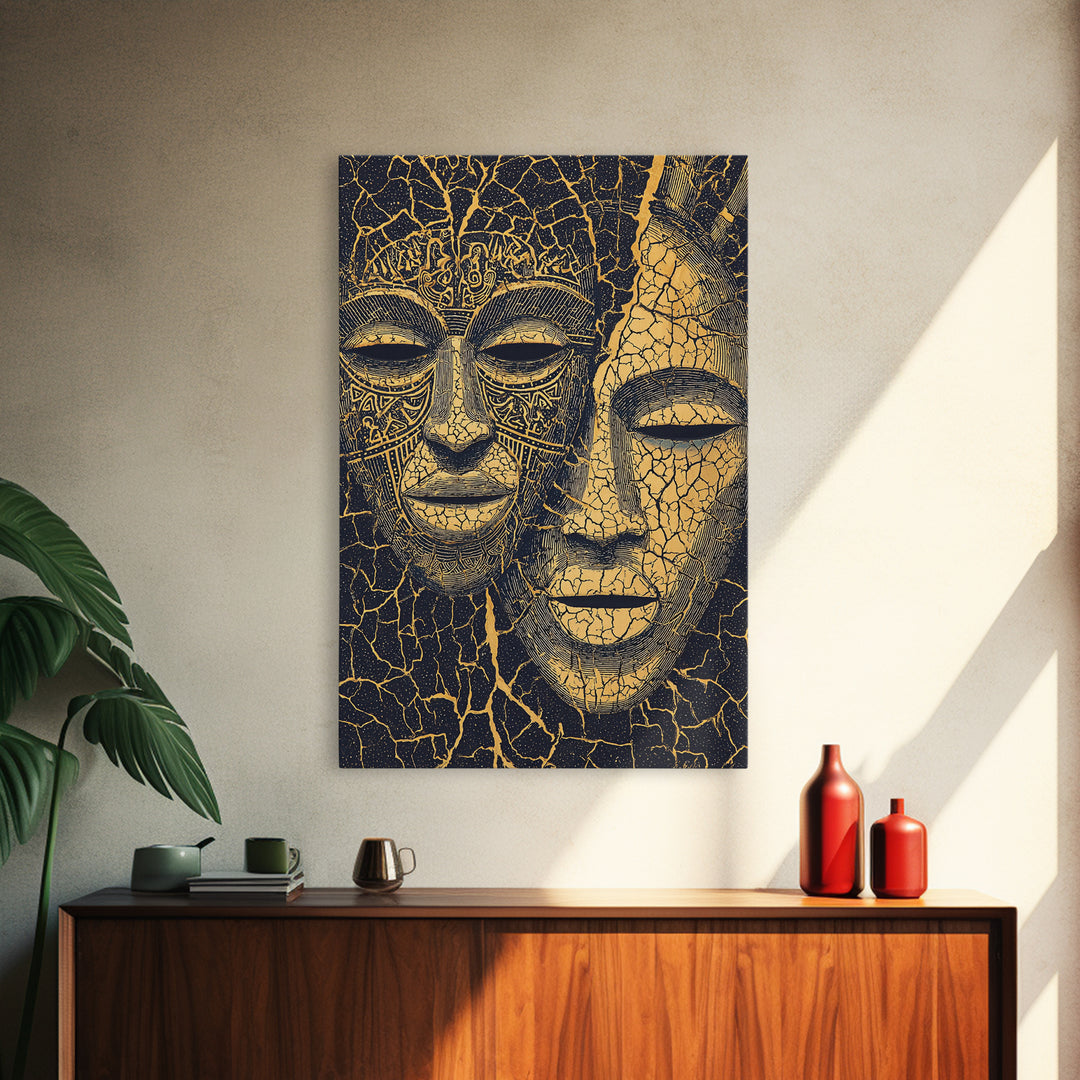Gold Line African Mask Duo Wall Art, Tribal Mask Canvas Print, Black And Gold Decor, Afrocentric Cultural Home Decor Gift