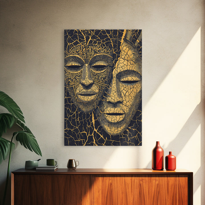 Gold Line African Mask Duo Wall Art, Tribal Mask Canvas Print, Black And Gold Decor, Afrocentric Cultural Home Decor Gift