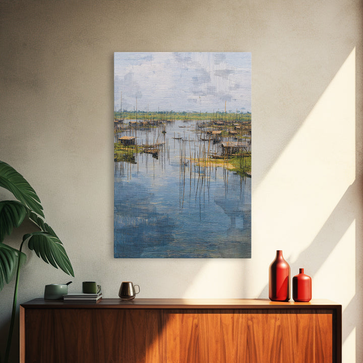 Serene African Fishing Village Wall Art, Blue Wetland Landscape Canvas, Coastal Nature Scene, Textured Home Decor For Living Room