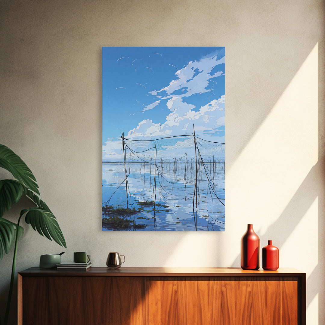 Blue Sky Fishing Nets Wall Art, Minimalist Coastal African Landscape Canvas, Serene Water Reflections, Bedroom Decor Gift