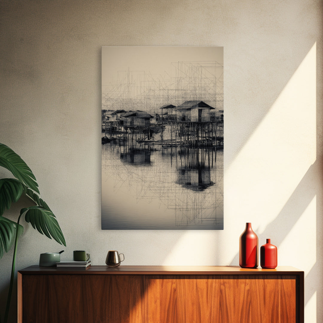 Monochrome Stilt Village Framed Canvas Print, African Fishing Huts Sketch, Minimalist Black Wall Decor For Office And Living Room