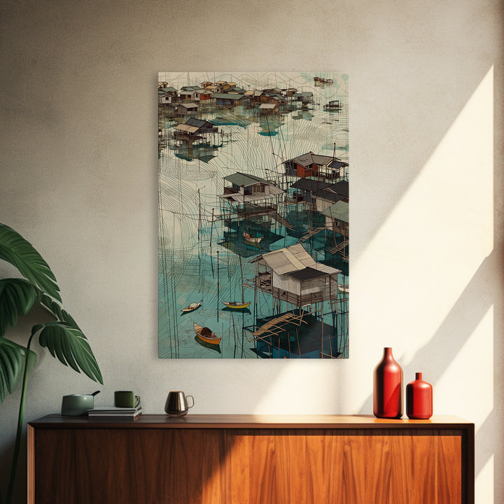 Turquoise African Stilt Houses Wall Art, Fishing Village Canvas, Coastal Landscape Print, Cultural Home Decor Gift For Living Room