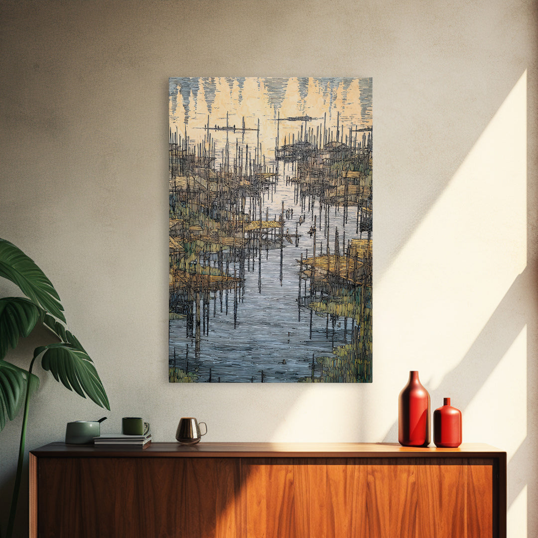 Intricate African Wetland Village Wall Art, Fishing Poles And Boats Canvas, Textured Landscape Decor For Living Room Gift