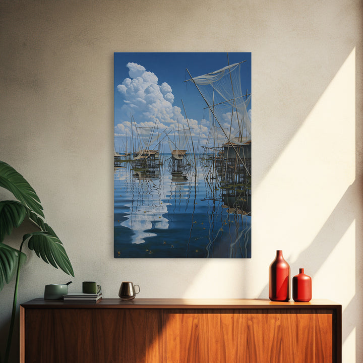 Dreamy Fishing Nets On Blue Water Wall Art, African Coastal Village Canvas, Cloud Reflection Nature Decor Gift For Home And Office