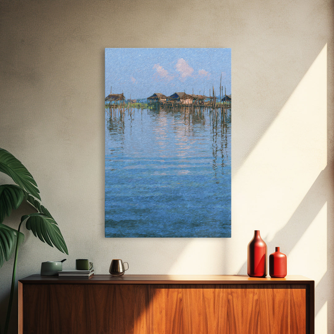 Peaceful Blue Lagoon Stilt Village Canvas Print, African Coastal Landscape, Impressionist Water Reflections Wall Decor Gift
