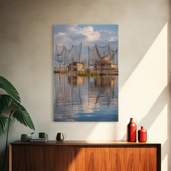 Sunlit Stilt Fishing Huts And Net Reflections Wall Art, Coastal Lake Village Canvas Print, Serene Blue Water Living Room Decor