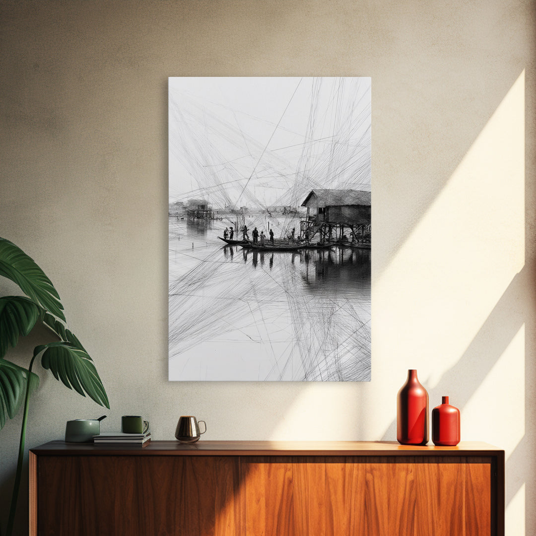 Black And White Fishing Village Sketch Wall Art, Fine Line Coastal Hut Drawing, Minimalist Lake House Decor For Gallery Walls