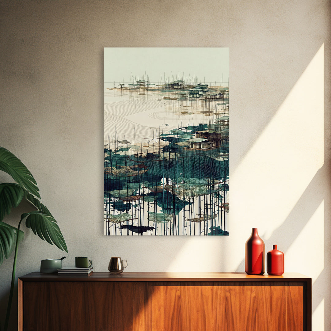 Minimal Teal Stilt Village Across Quiet Water Wall Art, Modern Coastal Landscape Canvas Print, Beige Green Living Room Decor