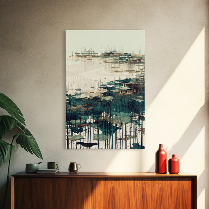Minimal Teal Stilt Village Across Quiet Water Wall Art, Modern Coastal Landscape Canvas Print, Beige Green Living Room Decor