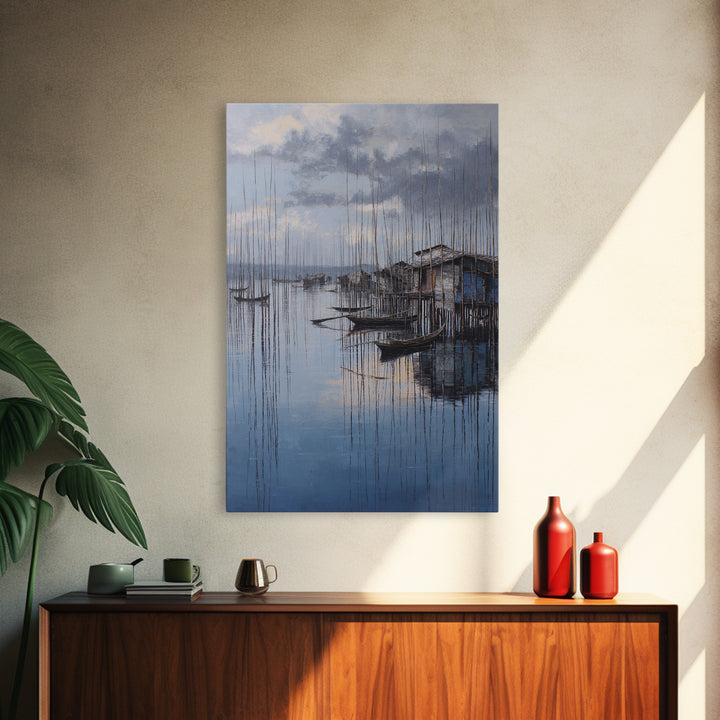 Moody Blue Fishing Boats By Stilt Houses Framed Canvas Print, Serene Lake Village Wall Art, Coastal Home Decor Gift For Living Room