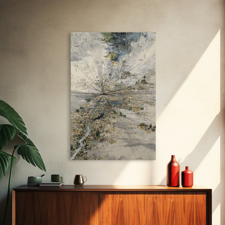 Abstract Aerial River Delta And City Lines Wall Art, Modern Landscape Canvas Print, Textured Blue Gray Gallery Office Decor