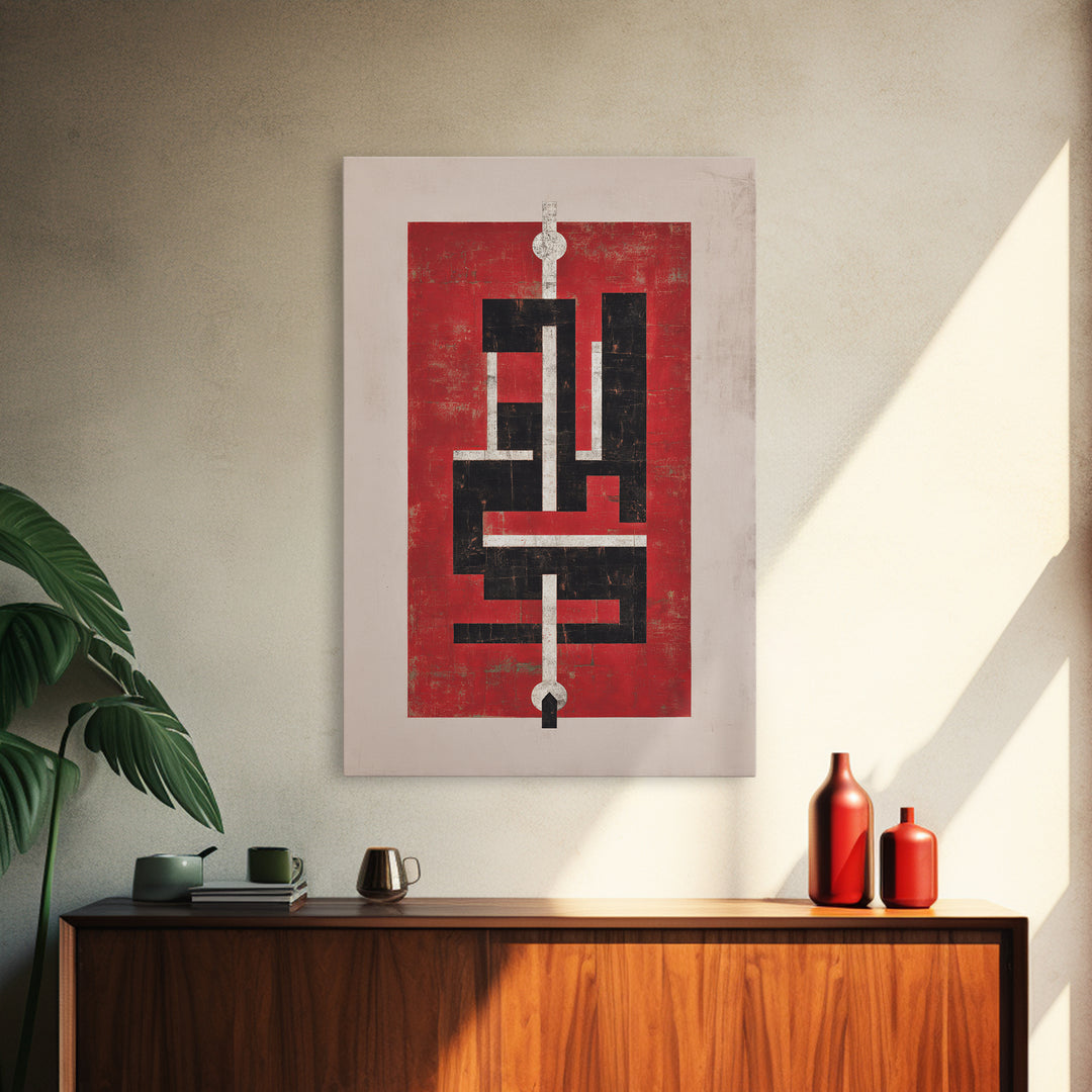 Red Black Geometric Totem Abstract Canvas Print, Modern Tribal Wall Art, Bold Cultural Home Decor For Statement Rooms Art