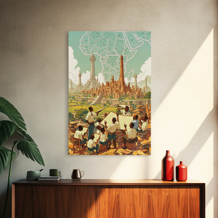 Afrofuturist African Classroom City Wall Art, Africa Art Print, Black Culture Art, Educational Decor, Modern Canvas Art Gift