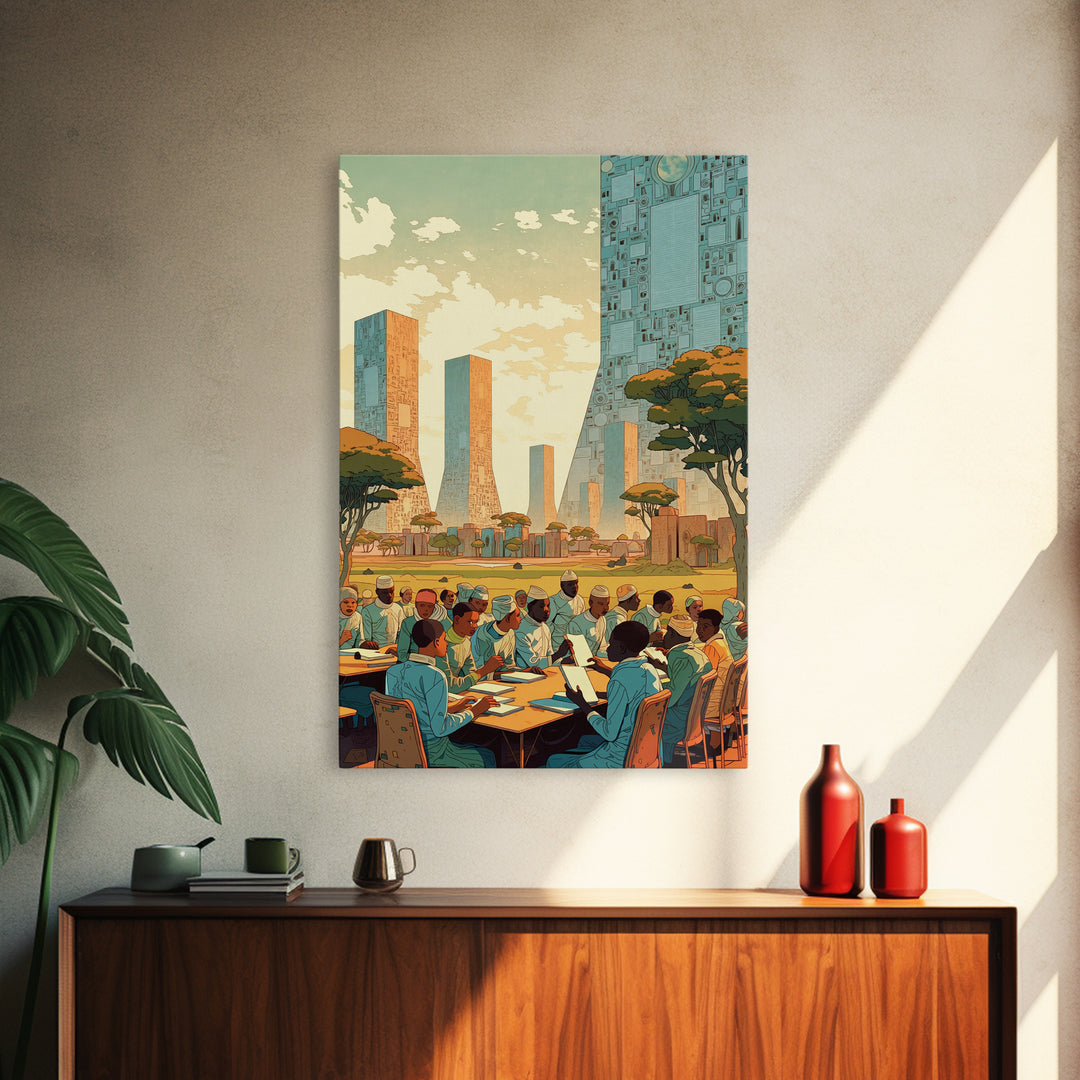Futuristic African Scholars Skyline Wall Art, Afrocentric Art Print, Modern African Art, Office Decor, Cultural Wall Decor