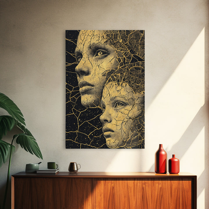 Golden Mother And Child Cosmic Wall Art, Black Woman Art, African American Art, Spiritual Wall Decor, Dreamy Canvas Print