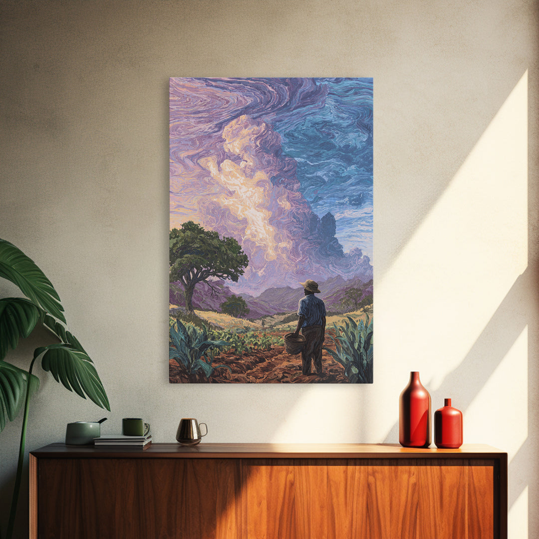 Farmer Under Swirling Storm Sky Canvas Print, African Landscape, Nature Scene Art, Earth Tone Wall Art, Living Room Decor
