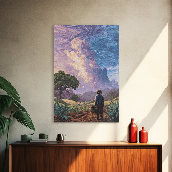 Farmer Under Swirling Storm Sky Canvas Print, African Landscape, Nature Scene Art, Earth Tone Wall Art, Living Room Decor