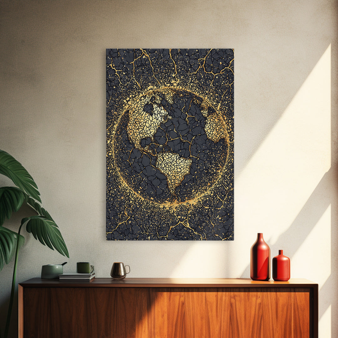Black And Gold Cracked Africa Globe Canvas Print, African Wall Art, Afrocentric Decor, Modern Abstract Ethnic Home Decor Gift