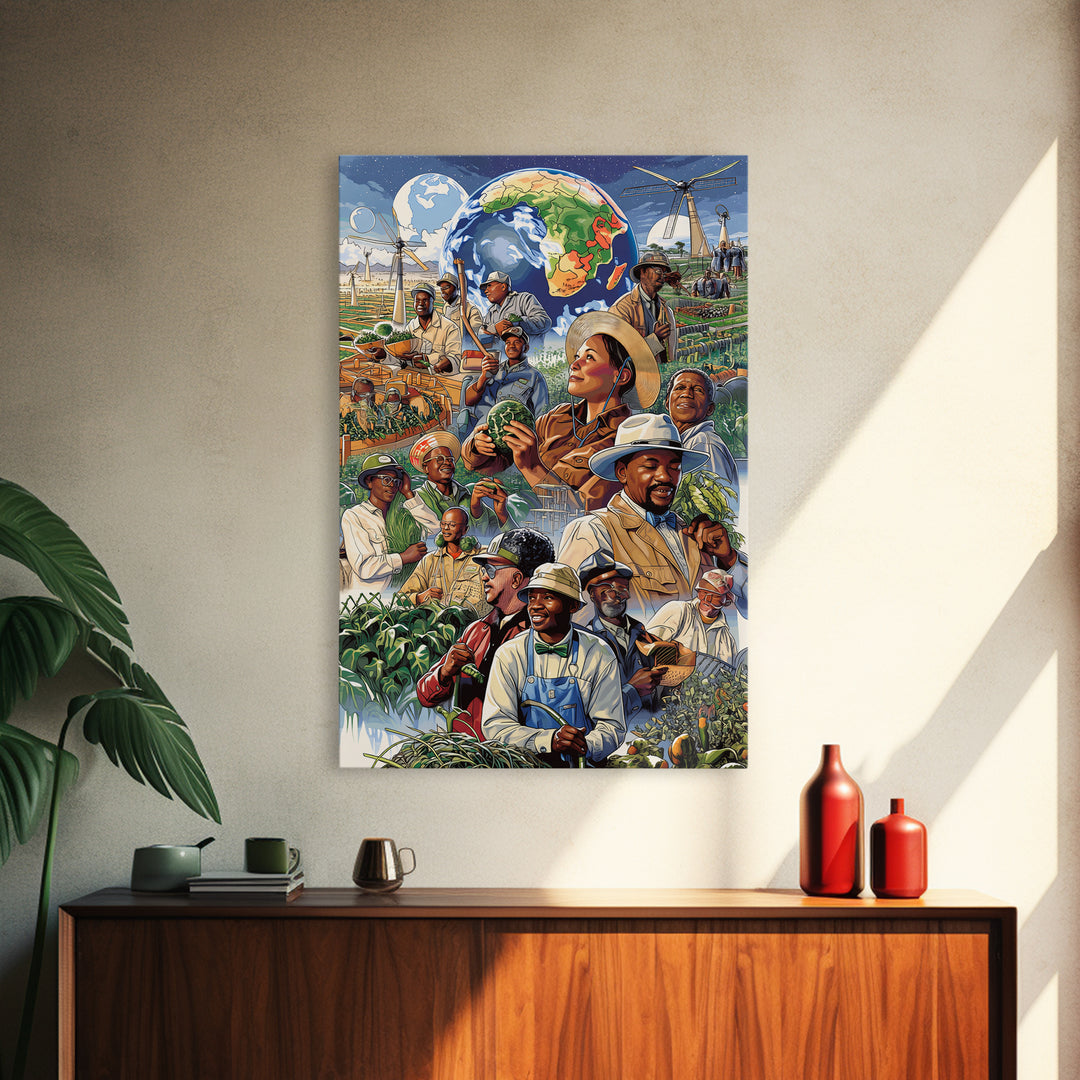 Global African Farmers Harvest Collage Framed Canvas Print, African Art Prints, Cultural Wall Decor, Farmhouse Office Decor
