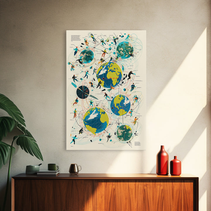 Abstract Global Network People Wall Art, Modern African Inspired Digital Art, Geometric Office Decor, World Map Canvas Print