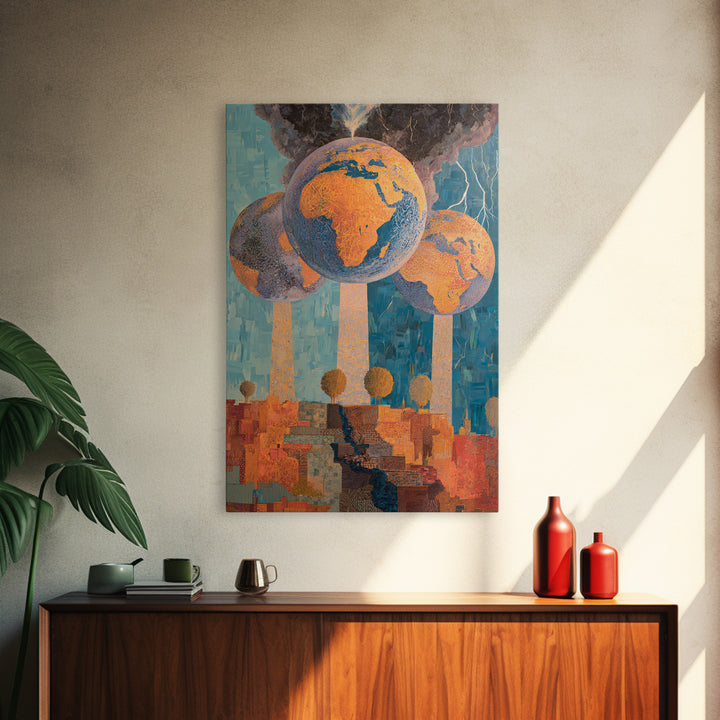 Surreal Africa Globe Trees Stormy City Wall Art, Modern African Art Print, Orange Blue Statement Decor, Afrofuturism Canvas Print