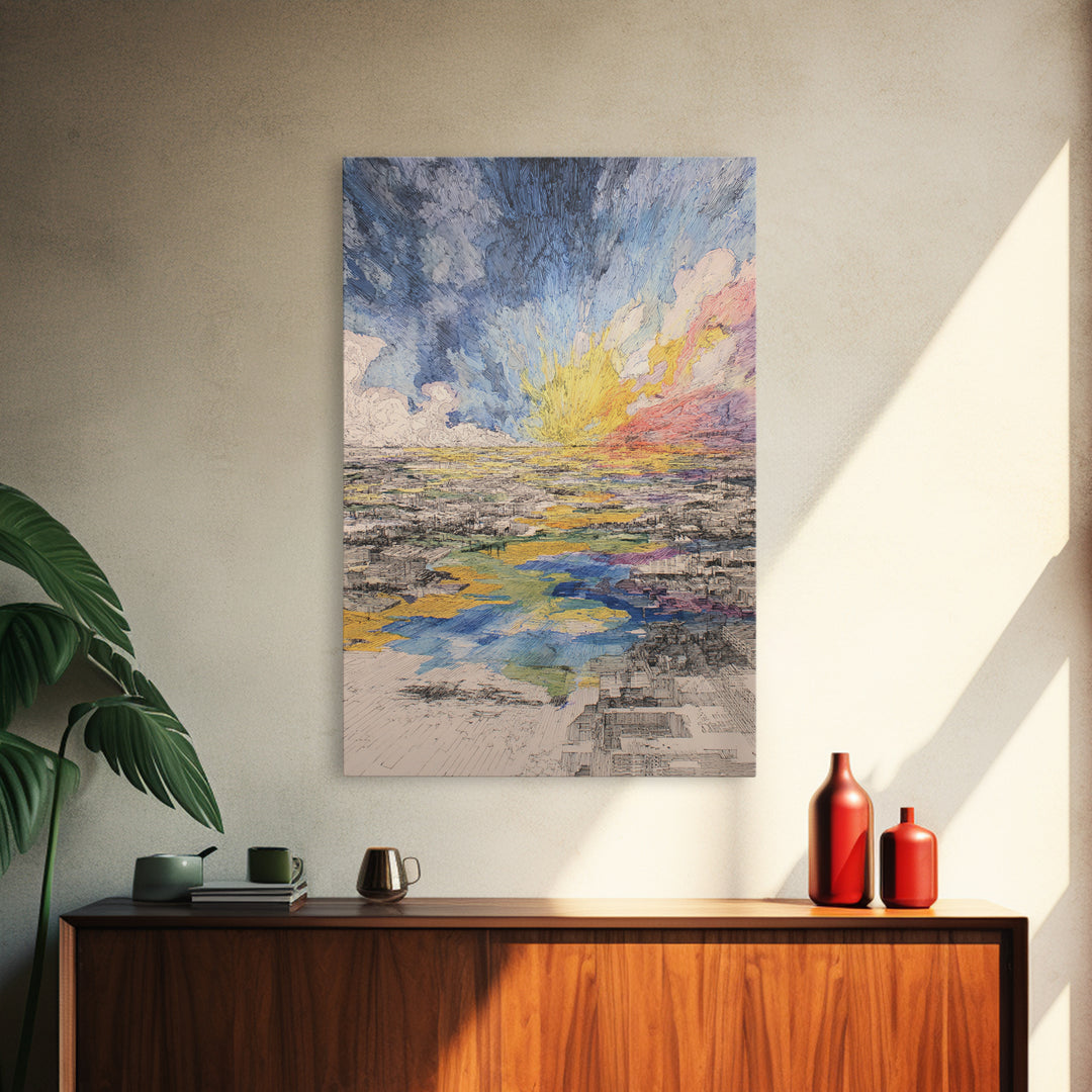 Radiant Abstract City And River Sunrise Canvas Print, Modern African Inspired Wall Art, Colorful Landscape Office Decor Gift