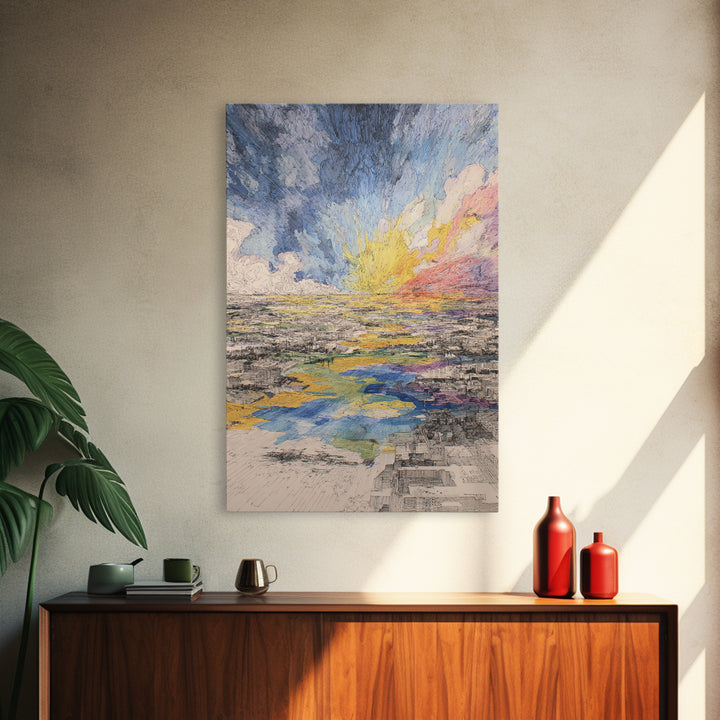 Radiant Abstract City And River Sunrise Canvas Print, Modern African Inspired Wall Art, Colorful Landscape Office Decor Gift