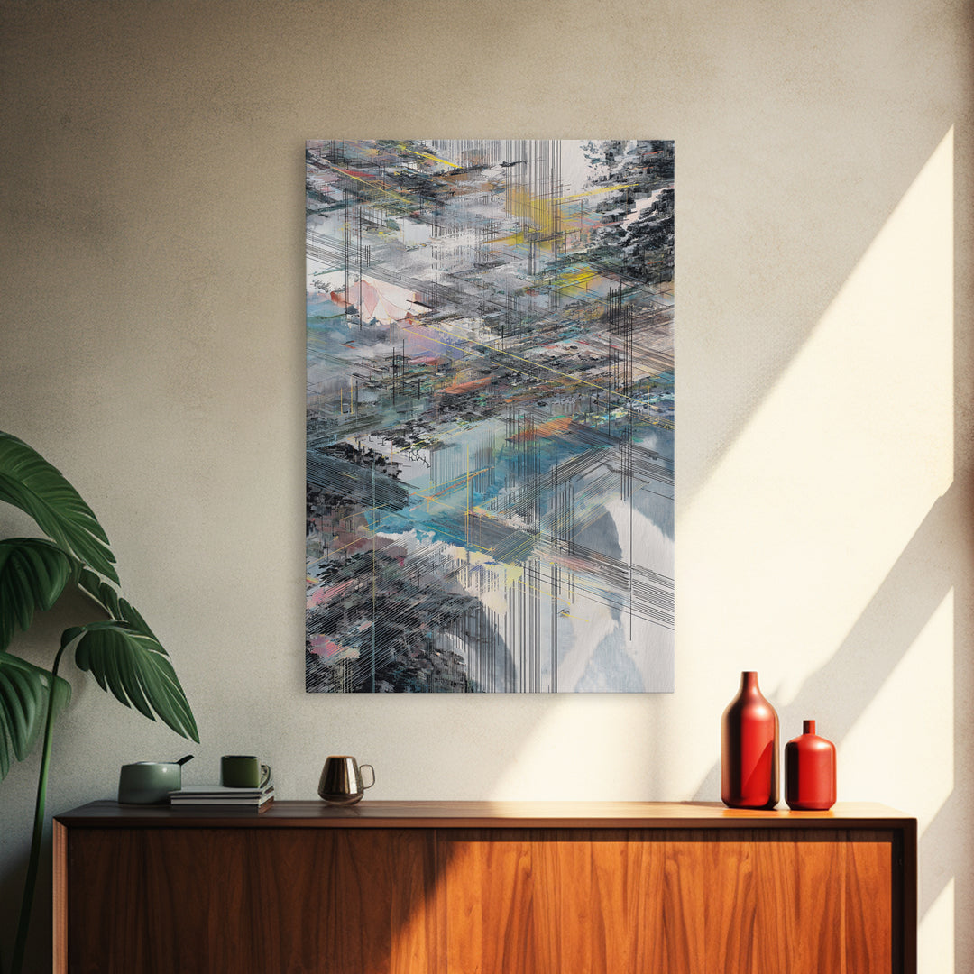 Layered City Grid Canvas Print, Abstract Urban Skyline, Modern Geometric Wall Decor, Blue Gray Office Art Gift, Large Home Decor