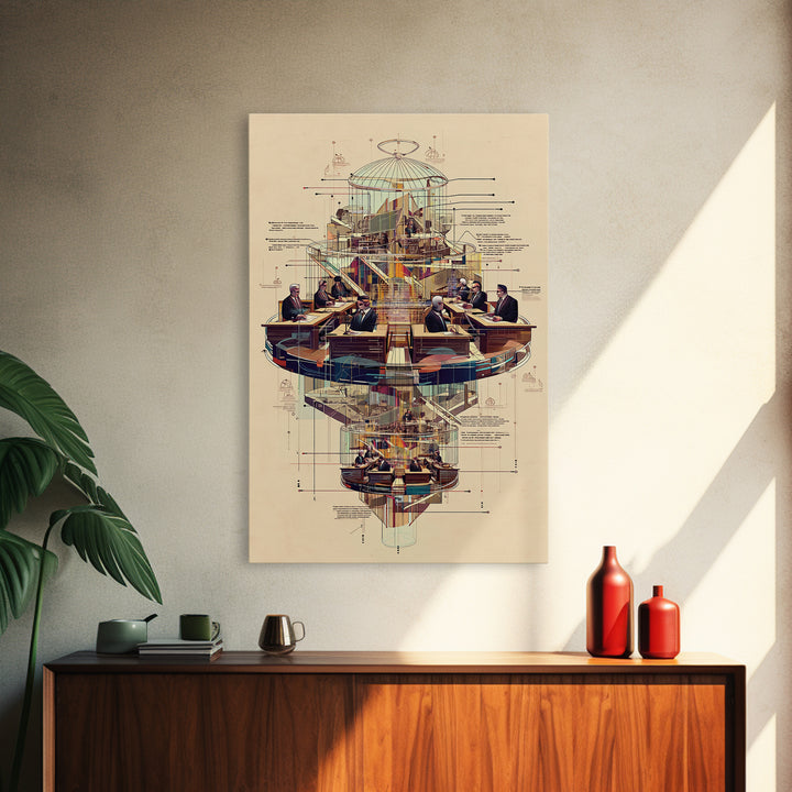 Futuristic Council Chamber Wall Art, Architectural Diagram, Modern Afrocentric Decor, Geometric Office Canvas Print Gift