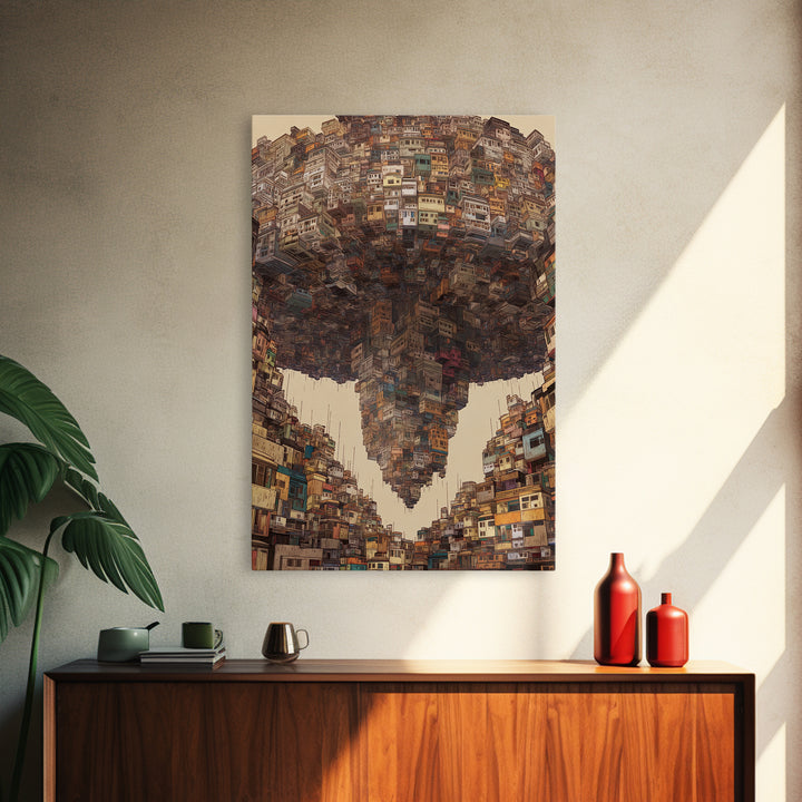 Inverted Megacity Wall Art, Surreal Urban Architecture, Modern Black Art Decor, Statement Canvas Print For Living Room Decor