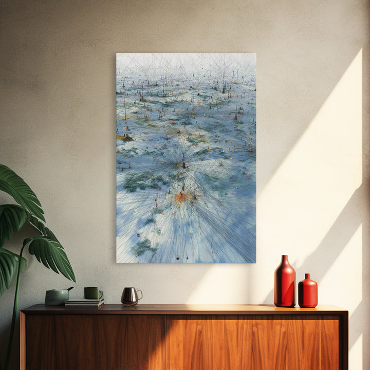 Icy Network Landscape Wall Art, Blue Abstract Field, Dreamy Modern Canvas Print, Minimalist Office Decor Gift, Large Home Decor