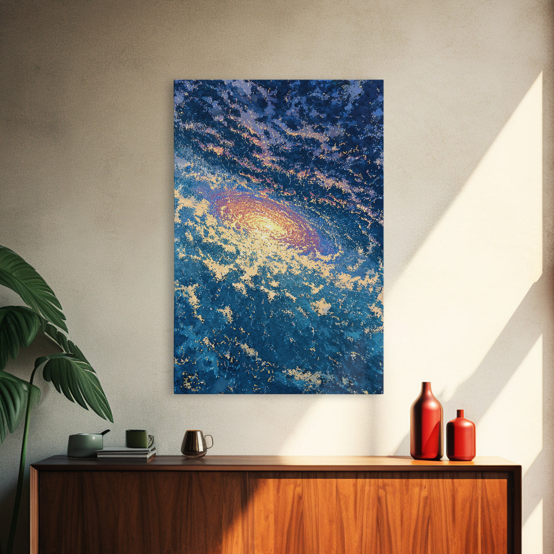 Blue Galaxy Vortex Wall Art, Swirling Cosmic Abstract, Gold Starry Canvas Print, Dreamy Luxury Decor Gift For Home Office