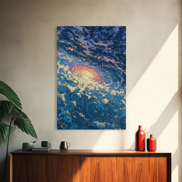 Blue Galaxy Vortex Wall Art, Swirling Cosmic Abstract, Gold Starry Canvas Print, Dreamy Luxury Decor Gift For Home Office